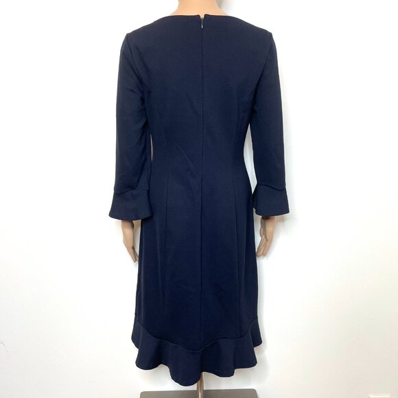 Talbots Dress Womens US 2 Blue V Neck Sheath Bell Sleeve Flounce Ponte Stretch - Picture 2 of 10